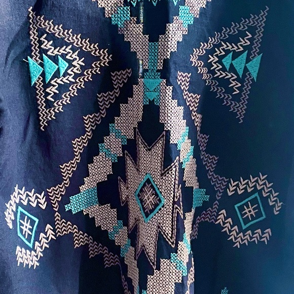 NWOT Johnny Was Linen Embroidered Aztec Kimono Black, Tan & Aqua - Picture 13 of 15